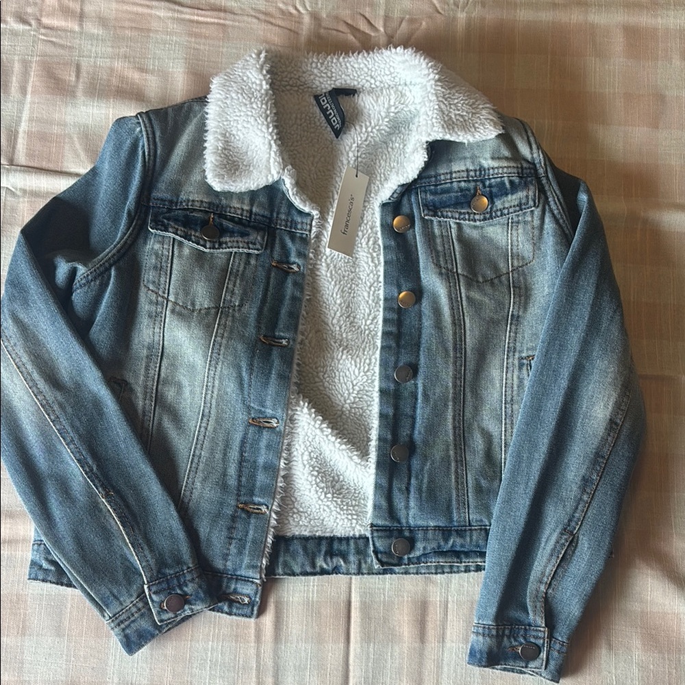 NWT Francesca’s Blue Denim Jacket with White Sherpa Lining
